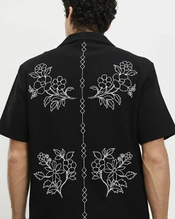 Black Regular Fit Floral Embroidered Shirt