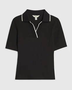 Black Ribbed Polo Top