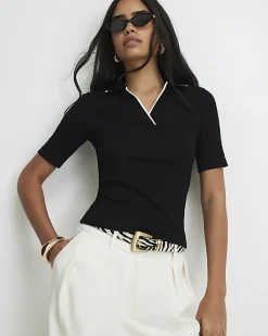 Black Ribbed Polo Top