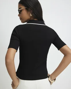 Black Ribbed Polo Top
