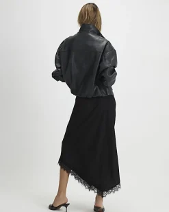 Black Satin Asymmetric Lace Trim Midi Skirt