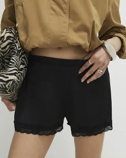 Black Satin Lace Trim Shorts