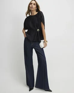 Black Satin Plisse Gold Detail Top