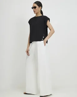 Black Short Sleeve Button Top