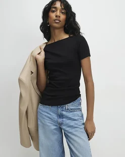 Black Short Sleeve Cotton Boat Neck Top