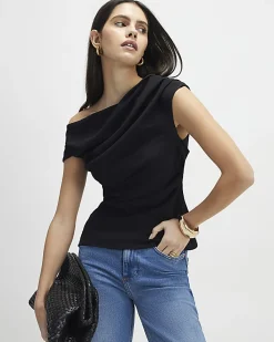 Black Short Sleeve Drape Off Shoulder Top