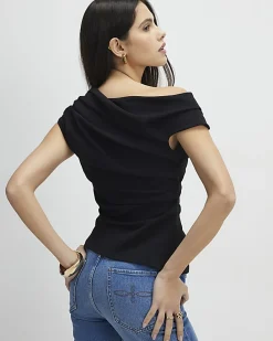 Black Short Sleeve Drape Off Shoulder Top