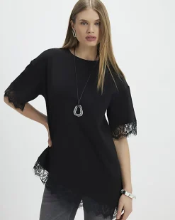 Black Short Sleeve Lace Trim Asymmetric Top