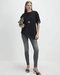 Black Short Sleeve Lace Trim Asymmetric Top