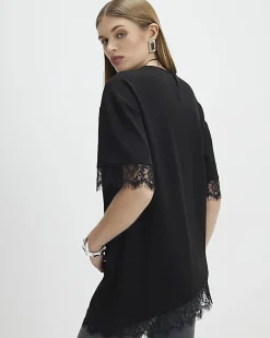 Black Short Sleeve Lace Trim Asymmetric Top