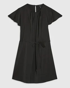 Black Short Sleeve Pleated Neck Mini Dress