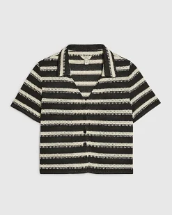 Black Short Sleeve Striped Crochet Shirt