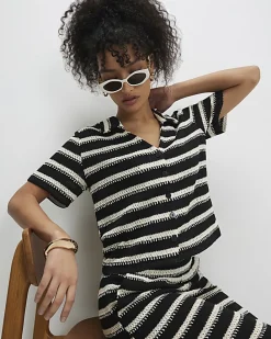 Black Short Sleeve Striped Crochet Shirt