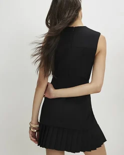 Black Sleeveless Pleated Hem Tab Mini Dress
