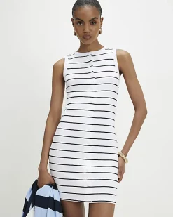 Black Sleeveless Striped Popper Mini Dress