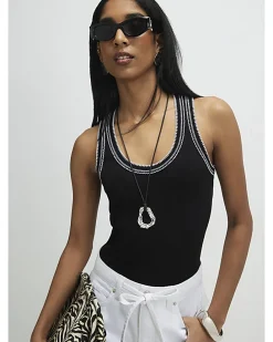Black Sleeveless Whipstitch Tank Top