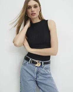 Black Sleeveless Wide Ribbed Tank Top