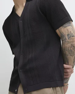 Black Slim Fit Open Neck Knitted Shirt