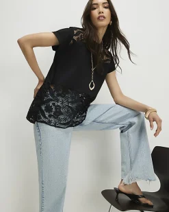 Black Spliced Lace T-Shirt