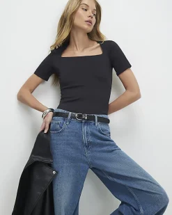 Black Square Neck Fitted Top