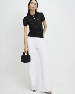 Black Stitched Knit Polo Top