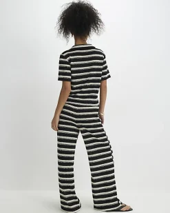 Black Striped Crochet Wide Leg Trousers
