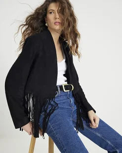 Black Suede Collarless Tassel Blazer