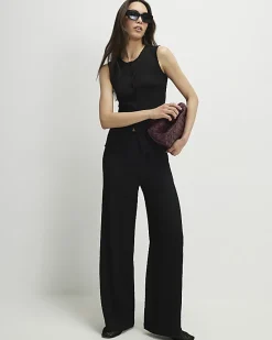 Black Textured Wide Leg Trousers