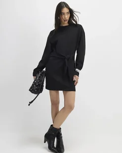 Black Tie Front Mini Sweatshirt Dress