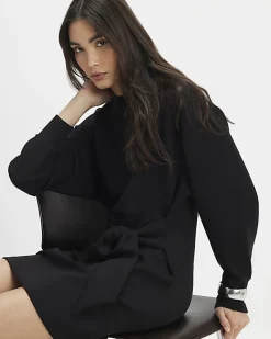 Black Tie Front Mini Sweatshirt Dress
