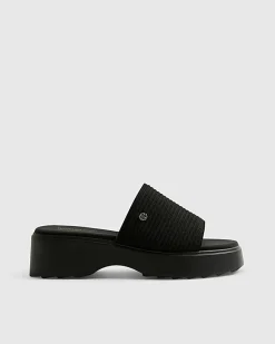 Black Wide Fit Knitted Mule Flatform Sandals