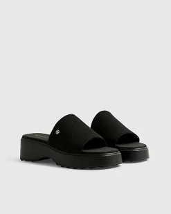 Black Wide Fit Knitted Mule Flatform Sandals