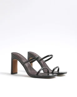 Black Wide Fit Strap Mule Heeled Sandals