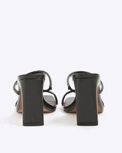 Black Wide Fit Strap Mule Heeled Sandals