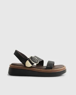Black Wide Fit Woven Buckle Flatform Sandals