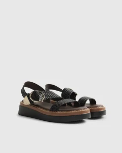 Black Wide Fit Woven Buckle Flatform Sandals
