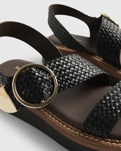 Black Wide Fit Woven Buckle Flatform Sandals