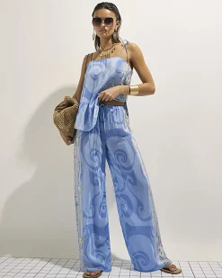 Blue Abstract Palm Print Trousers