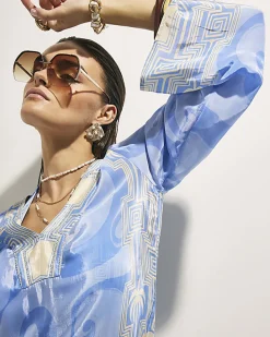 Blue Abstract Palm Print Beach Tunic