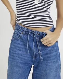 Blue Baggy Wide Leg Tie Waist Jeans