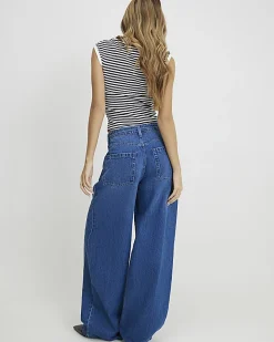 Blue Baggy Wide Leg Tie Waist Jeans