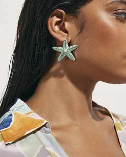 Blue Beaded Starfish Stud Earrings