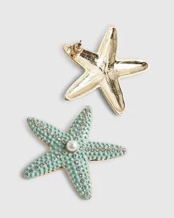 Blue Beaded Starfish Stud Earrings