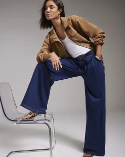 Blue Belted Pleated Wide Leg Jeans