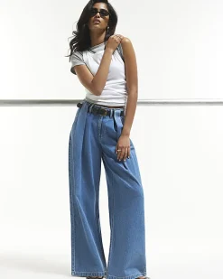 Blue Belted Pleated Wide Leg Jeans