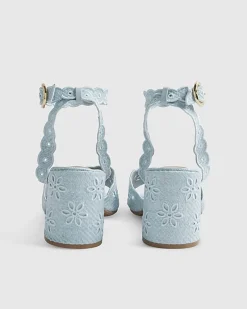 Blue Broderie Block Heel Sandals
