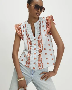 Blue Broderie Frill Sleeve Blouse