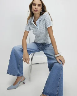 Blue Button Up Boucle Collared Top