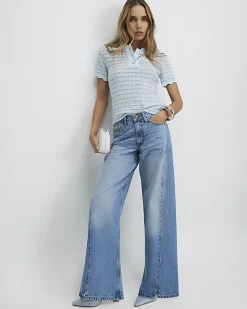 Blue Button Up Boucle Collared Top
