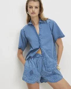 Blue Chambray Broderie Studded Shorts